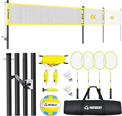 Photo 1 of 32ft, 26ft and 20ft Width and Height Adjustable Volleyball and Badminton Combo Set with Net, 4 Badminton Rackets, 2 Goose Feather Shuttlecocks and Volleyball for Backyards
