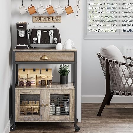 Photo 1 of X-cosrack Coffee Bar Cabinet?3 Tiers Kitchen Coffee Cart with Drawer for The Home, Movable Farmhouse Coffee Station Table on Wheels for Living Room, Entryway, Dining Room, Kitchen
