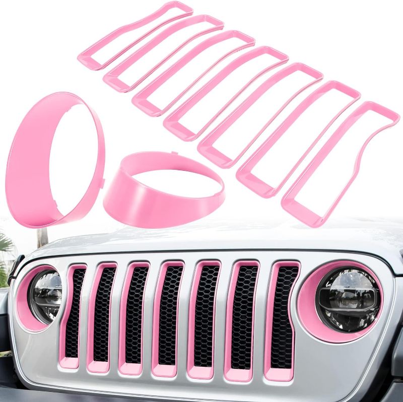 Photo 1 of Front Grille Mesh Inserts & Headlight Cover for Jeep Wrangler JL JLU Unlimited Sport/Sports 2018-2023 Exterior Accessories Clip-in Grille Guard Cover Headlight Bezels Trim Ring (Pink 9PCS)