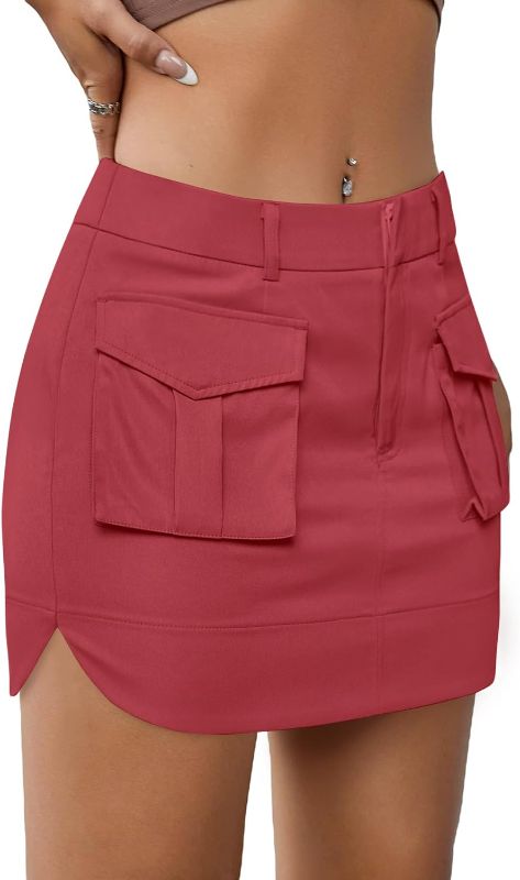 Photo 1 of FMEYOA Women's Y2K Flap Pocket Low Waist Bodycon Stretch Cargo Mini Skirt LARGE 