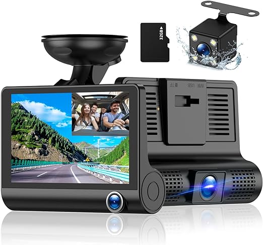 Photo 1 of 3 Channel Dash Cam Front and Rear Inside, 1080p 4 Inches 170° Wide Angle Dashcam, Dash Camera for Cars with 32GB Card, Super Night Vision, Loop Recording, G-Sensor, Motion Detection, Parking Mode
