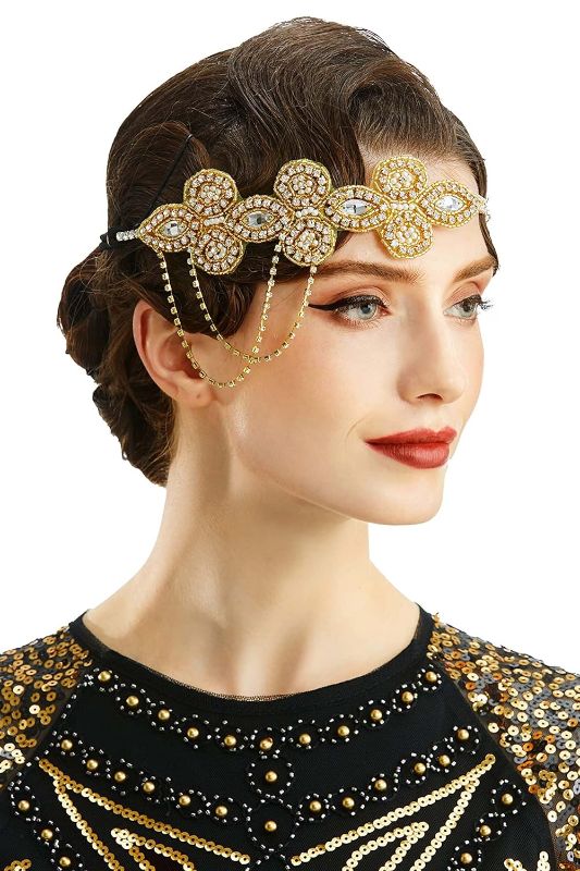 Photo 1 of BABEYOND 1920s Flapper Headband Crystal Great Gatsby Headpiece Roaring 20s Flapper Gatsby Hair Accessories (Gold)