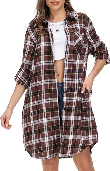 Photo 1 of MCEDAR Women's Button Down Long Plaid Flannel Shirt,Plus Size Casual Roll Up Long Sleeve Shirts(S-4X) Regular Fit Small 11609