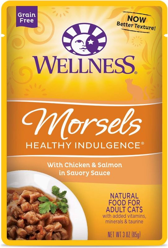 Photo 1 of BEST BY JUN 22 , 2024 -- Wellness Healthy Indulgence Natural Grain Free Morsels with Chicken & Salmon in Savory Sauce Wet Cat Food, 3 oz., Case of 12
