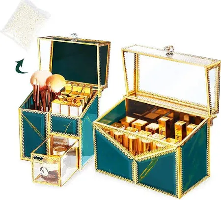 Photo 1 of 2 PIECES MAKE UP BRUSHES BOX COSMETICS STORAGE GREEN GOLD 