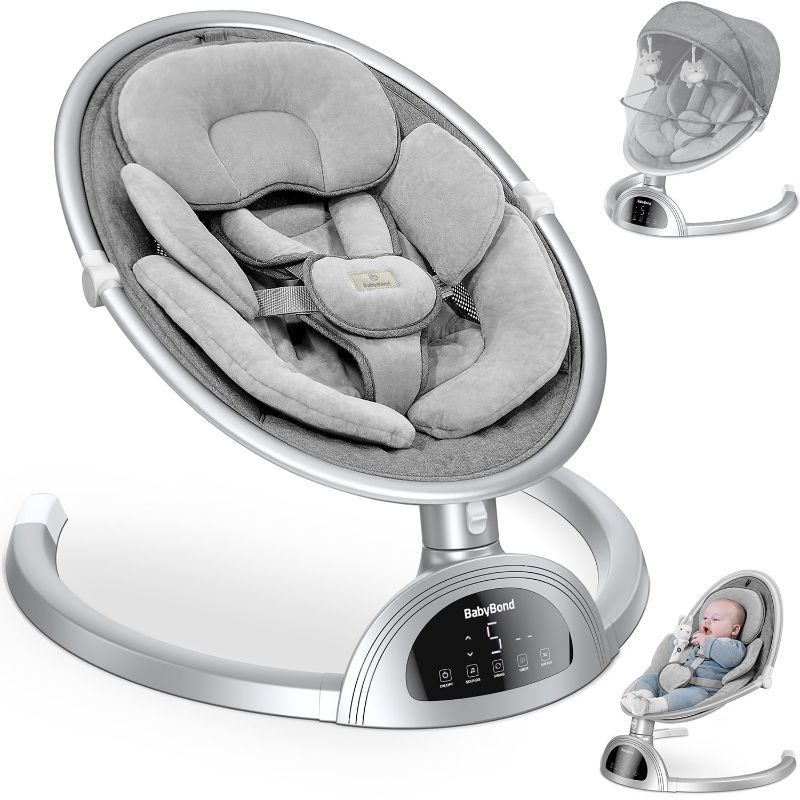 Photo 1 of **TESTED AND FUNCTIONAL**
Baby Swings for Infants, BabyBond Baby Swing, Infant Swing with Bluetooth Music Speaker, 3 Seat Positions, 5 Point Harness Belt, Remote Control - Portable Baby Swing for Indoor and Outdoor, Silver