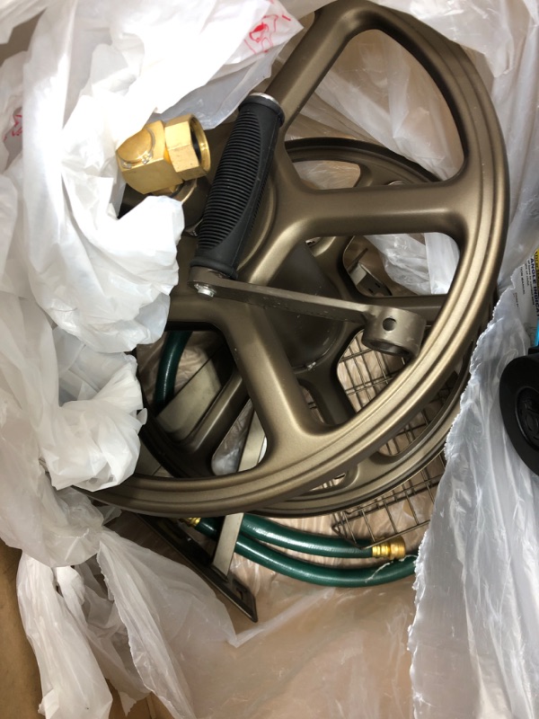 Photo 2 of **MISSING HARDWARE, MISSING HOSE**
Liberty GARDEN 712 Single Arm Navigator Multi-Directional Garden Hose Reel, Holds 125-Feet of, 5/8-Inch, Bronze & Flexzilla HFZG510YW Garden Lead-In Hose 5/8 In. x 10 ft, 10' (feet) Single Arm Hose Reel + Garden Lead-In 