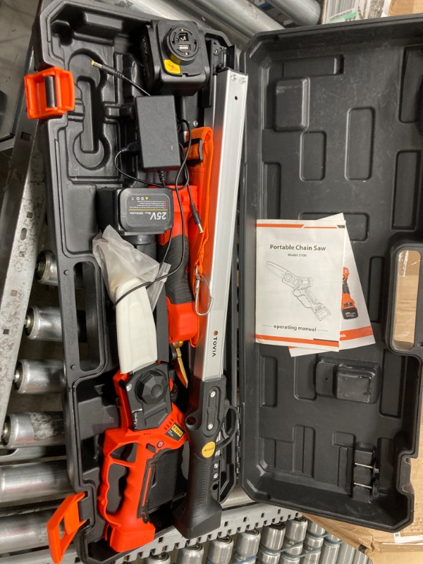 Photo 3 of **SEE NOTES** T TOVIA Cordless Electric Pruner Kit, 1.6 Inch Pruning Shears and 5 Inch Handheld Electric Chain Saw with 75 Inch Foldable Extension Pole, 2 Pack 25V Lithium Batteries, SK5 Blades 25V+ Chainsaw