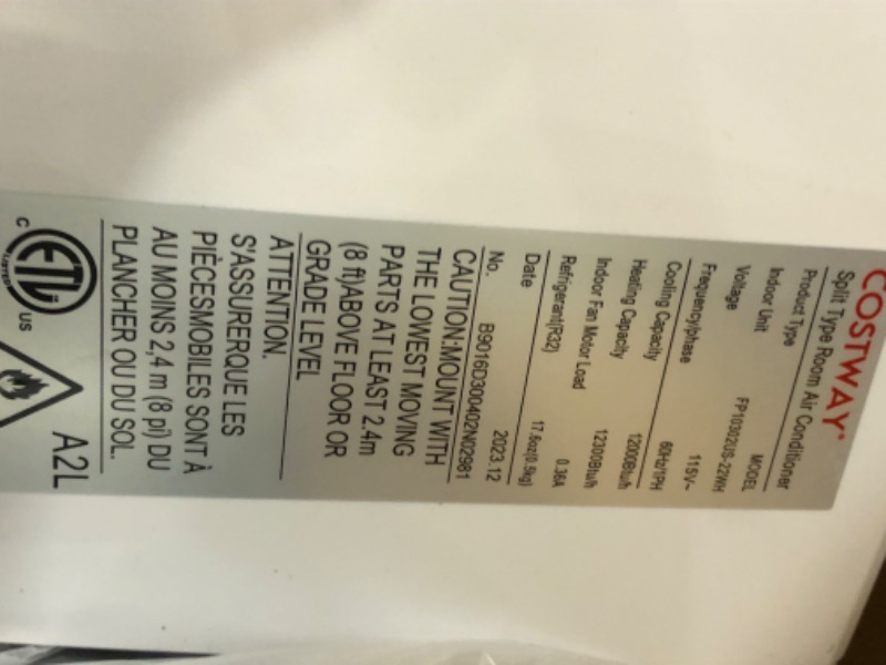Photo 2 of **INCOMPLETE, BOX 2 OF 2 ONLY** MISSING BOX 1 OF 2**
COSTWAY 12000BTU Mini Split Air Conditioner & Heater, 17 SEER2 208-230V Wall-Mounted Ductless AC Unit Cools Rooms up to 750 Sq. Ft, Energy Efficient Inverter AC w/Heat Pump & Installation Kit 12000BTU, 