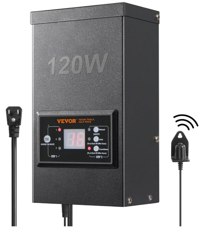 Photo 1 of (NON-REFUNDABLE) VEVOR 120W Low Voltage Landscape Transformer with Timer and Photocell Sensor, Waterproof Landscape Lighting Transformer, 120V AC to 12V AC for Outdoor, Spotlight, Pathway Light, Pool Light, ETL.