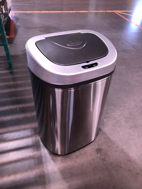 Photo 3 of ***DAMAGED - DENTED - SEE PICTURES***
NINESTARS Automatic Touchless Infrared Motion Sensor Trash Can with Stainless Steel Base & Oval, Silver/Black Lid, 21 Gal