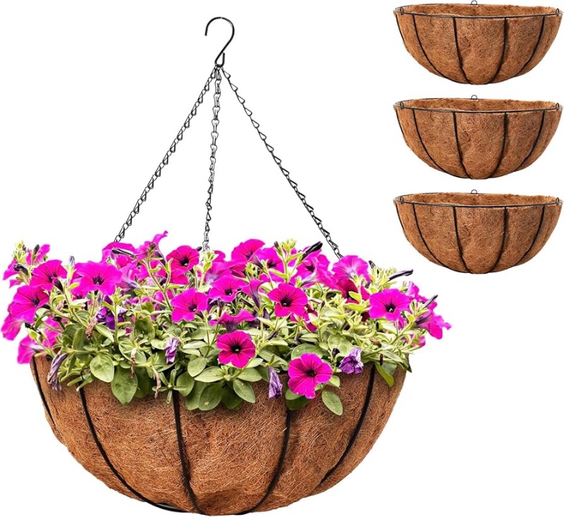 Photo 1 of Blulu 4 Pack 20 Inch Metal Hanging Basket for Plants Outdoor Plant Basket Planter with Coconut Liners Large Planter Round Planter Pot for Garden, Patio, Porch, Deck, Balcony Decoration