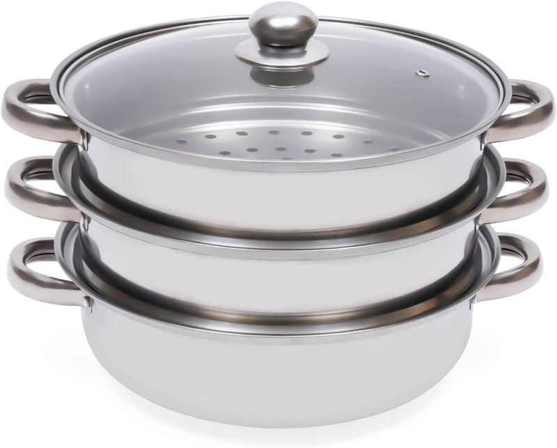 Photo 1 of (minor damage)3-Tier Stainless Steel Steamer, Meat Vegetable Cooking Steam Pot Kitchen Steamer Cooker 