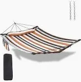 Photo 1 of 12FT 2 Person Hammock Large Hammock 450LB Capacity with V Shaped Hardwood Spreader Bar & Nylon Rope for Outside, Patio, Garden, Backyard, Beach, Poolside - Coffee Stripes