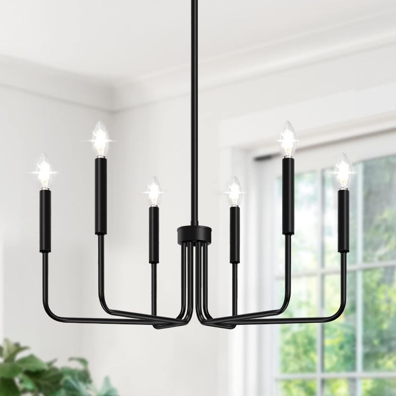 Photo 1 of Black Chandelier, 6-Light Farmhouse Chandelier for Dining Room Lighting Fixtures Hanging, Dining Light Fixtures Industrial Modern Chandelier for Bedroom, Foyer, Hall, Kitchen, Living Room and Entryway