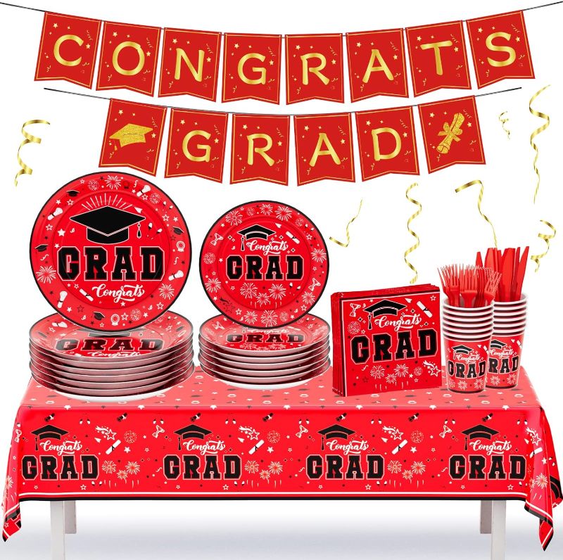 Photo 1 of Graduation Decorations Class of 2024 red Graduation Party Supplies Disposable Paper Plates Napkins Cups Tablecloth Banner Dinnerware Set for College High School Grad Party Decorations Serve 24