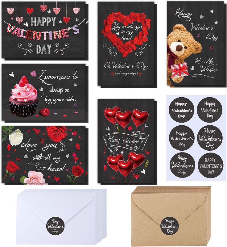 Photo 1 of 120 Sets Valentine's Day Cards with Envelopes Stickers Assortment Bulk 6 Designs of Blank Vintage Heart Bear Rose Chalkboard Valentines Cards Greeting Cards 4 x 6 for Her Him Valentine's Day