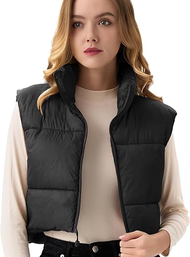 Photo 1 of ANAYSN Women's Cropped Puffer Vest Lightweight Sleeveless Warm Vests For Women Winter Stand Collar Padded Gilet Medium BLACK