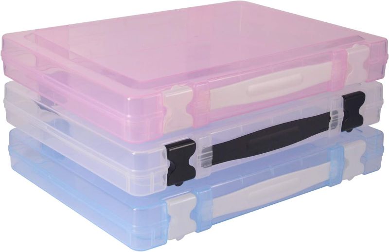 Photo 1 of 3 Pack Plastic Portable Project Case with Handle, Scrapbook Paper Storage Organizer Case, Art Craft Container Case Box, Plastic File Case for Document, Magazines Photos