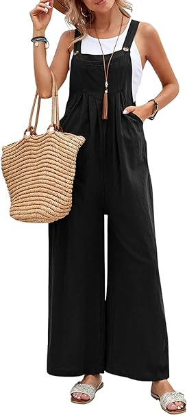 Photo 2 of RAMOUG Women's Sleeveless Cotton Wide Leg Baggy Bib Overall Jumpsuit Pockets Romper NAVY LARGE