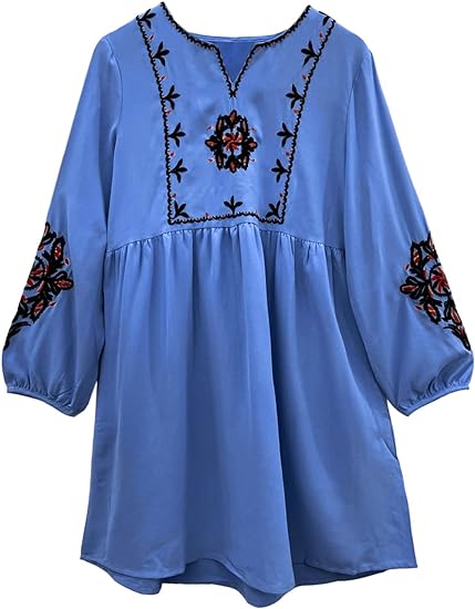 Photo 1 of futurino Women's Bohemian Embroidered Crew Neck Dress Fashionable Classic Button Down Top Small 