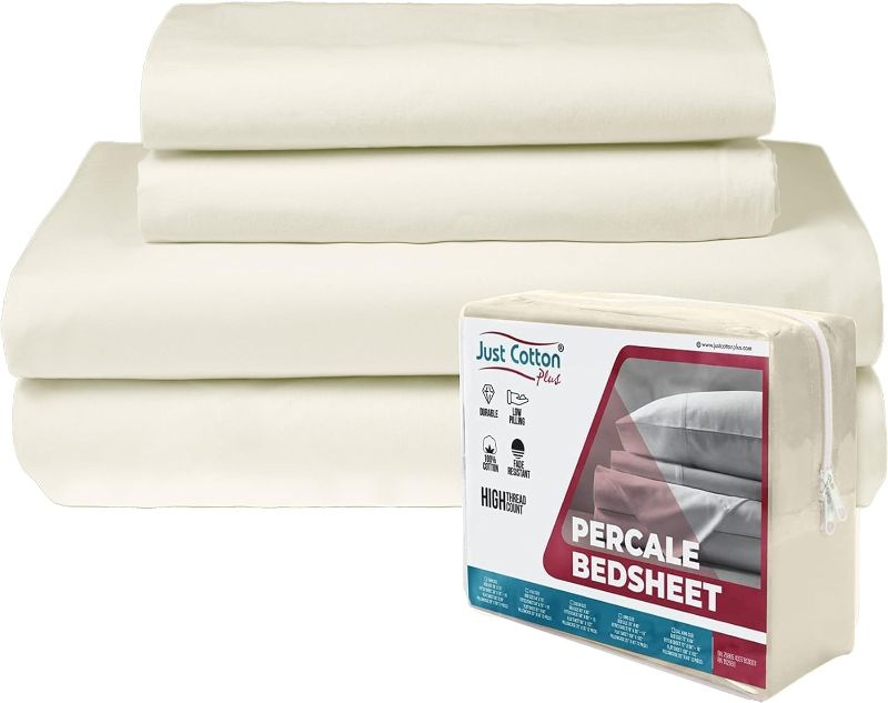 Photo 1 of 100% Contamination Free Cotton Percale Sheets Set, Full Size, , Deep Pocket, 4 Piece - 1 Flat, 1 360-Degree Elastic All-Around Fitted Sheet, and 2 Pillowcases - Crisp Cool & Breathable 