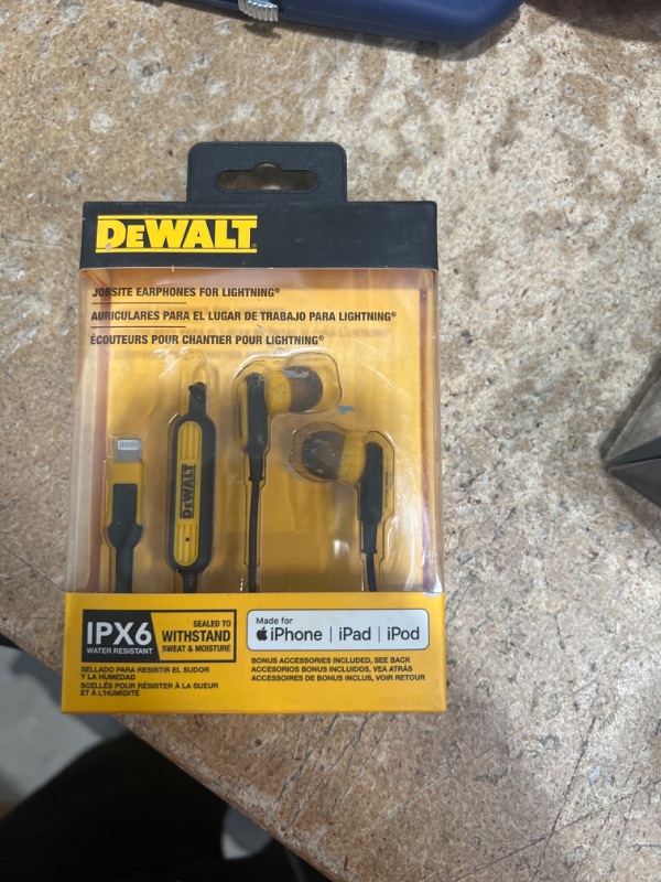 Photo 2 of DEWALT Earphones for Lightning — Apple Compatible Wired Headphones — Jobsite Water-Resistant Earphones for iPhone — Wired Headphones for iPhone