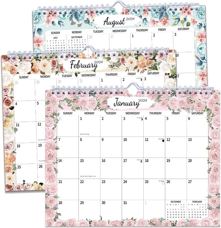 Photo 1 of Monthly Wall Calendar with Thick Paper, Jan. 2024 - DEC`. 2024, 11" x 8.5", Twin-Wire Binding + Hanging Hook + Unlined Blocks with Julian Dates - Floral