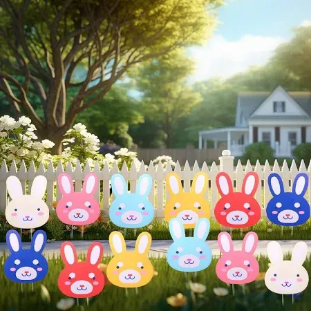 Photo 1 of 12PCS Easter Bunny Yard Signs Decorations, Waterproof Easter Rabbit Yard Sign with Stakes