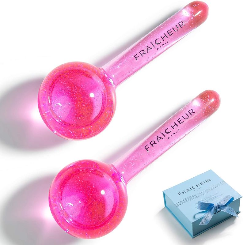 Photo 1 of  ICE Globes | Frozen Cryo Roller for Cold Facial Massage | Skincare Cooling Glass Massager with Anti-Freeze Liquid Inside | Reduce Puffiness, Pores (Pink)