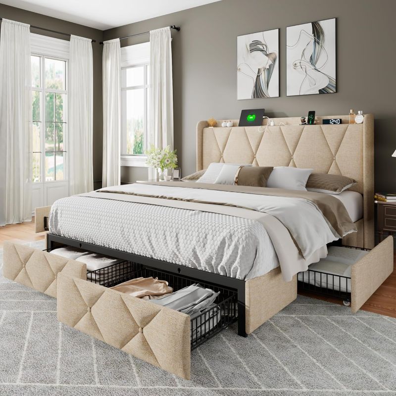 Photo 1 of **STOCK IMAGE IS A REFERFENCE ONLY* Feonase Full Size Bed Frame with 4 Storage Drawers, Upholstered Button Tufted Storage Headboard with Fast Charging Station, Heavy Duty Slats Support, No Box Spring Needed, Noise-Free, Beige
