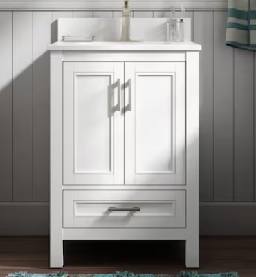 Photo 1 of **MISSING A DRAWER** *DAMAGED LEG (SHOWN IN PHOTOS)*** allen + roth Crest Hill 24-in White Undermount Single Sink Bathroom Vanity with Engineered Carrara Marble Top
