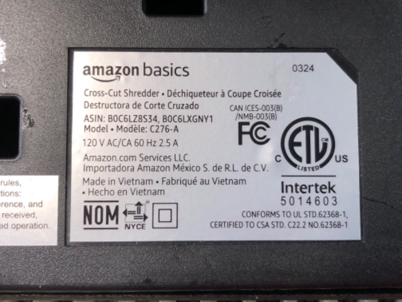 Photo 4 of ***NONREFUNDABLE - THIS SALE FINAL -  PARTS ONLY - SEE COMMENTS***
Amazon Basics 8-Sheet Cross Cut Paper Shredder and Credit Card Shredder - Black