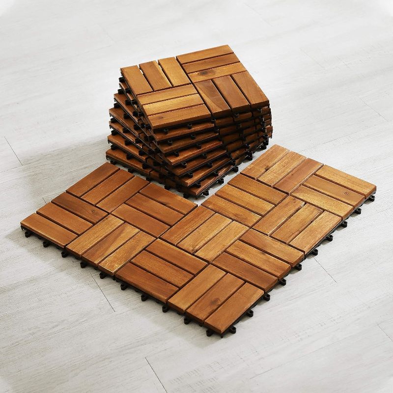 Photo 1 of 
Interlocking Deck Tile (Pack of 10, 12"x12") Acacia Hardwood Deck Tile, Interlocking Patio Tile in Solid Acacia Wooden Oiled Finish Waterproof