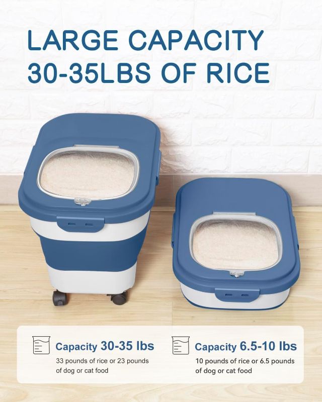 Photo 1 of (READ FULL POST) DDMOMMY 20-30 Lbs Rice Storage Container,Collapsible Food Storage Containers with Rolling Wheel Airtight Locking Lid,Flour Storage Container with Cup and Scoop,Suitable for Food,Rice,Pet Food,Flour