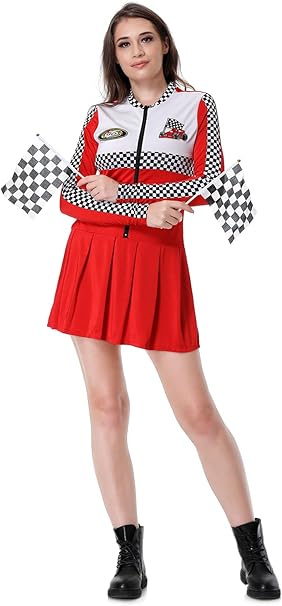 Photo 1 of ***STOCK PHOTO REFERENCE ONLY***GRAJTCIN Adult Race Car Driver Costume for Women Racing Checkerboard Long Sleeves Racer Dress Halloween Dress Up Outfit XL 
