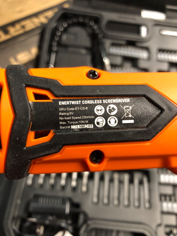 Photo 2 of ***ITEM TESTED FOR POWER, UNABLE TO TEST FURTHER*** Enertwist 8V Electric Screwdriver Rechargeable Set Cordless Screwdriver 82 Accessory Kit