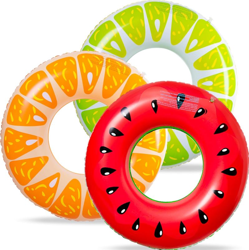 Photo 1 of **STOCK PHOTOS FOR REFERENCE** 90shine 3PCS Fruit Pool Floats: Watermelon Orange Lime Swimming Rings - Inflatable Tubes Floaties Toys for Kids Adults
