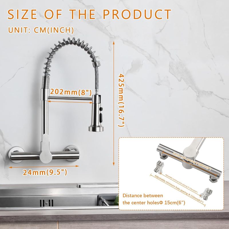 Photo 4 of (READ FULL POST) LIWEIKE Wall Kitchen Faucet 8 Inch Center Brushed Nickel Wall Mount Kitchen Faucet with Sprayer Single Handle Wall Mounted Facuet Kitchen