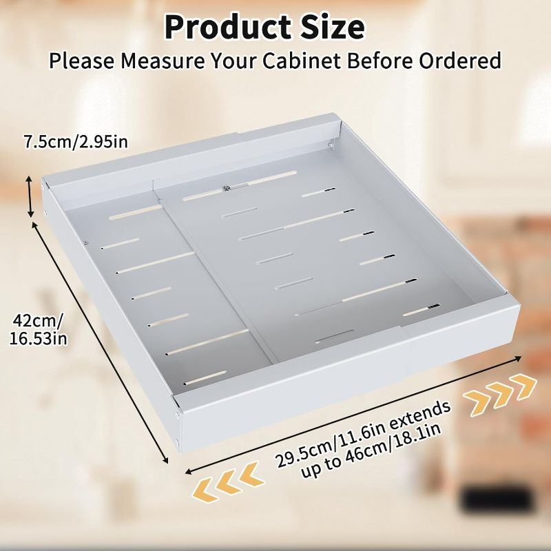 Photo 3 of (READ FULL POST) Expandable Pull out Cabinet Organizer, Pull out Drawers Fixed with Adhesive Nano Film, Heavy Duty Slide Out Shelves Storage for for Kitchen Pantry Bathroom, Adjustable Width 11.6” to 18.1” - White
