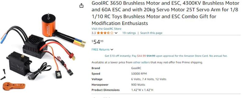 Photo 3 of (READ FULL POST) GoolRC 3650 Brushless Motor and ESC, 4300KV Brushless Motor and 60A ESC and with 20kg Servo Motor 25T Servo Arm for 1/8 1/10 RC Toys Brushless Motor and ESC Combo Gift for Modification Enthusiasts