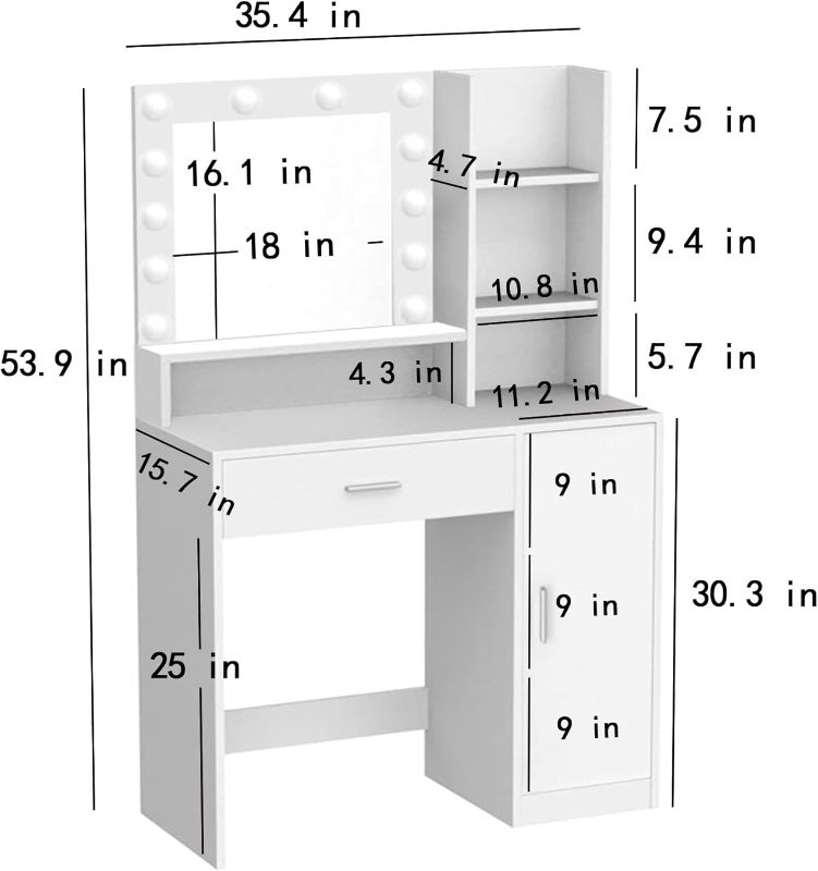 Photo 4 of (READ FULL POST) Vanity Desk with Mirror and Lights, Makeup Vanity Desk, Dressing Table Set with Drawers, Cabinets, Shelves, 3 Lighting Modes Brightness Adjustable, Modern Vanity Set for Gifts Bedroom (White)
