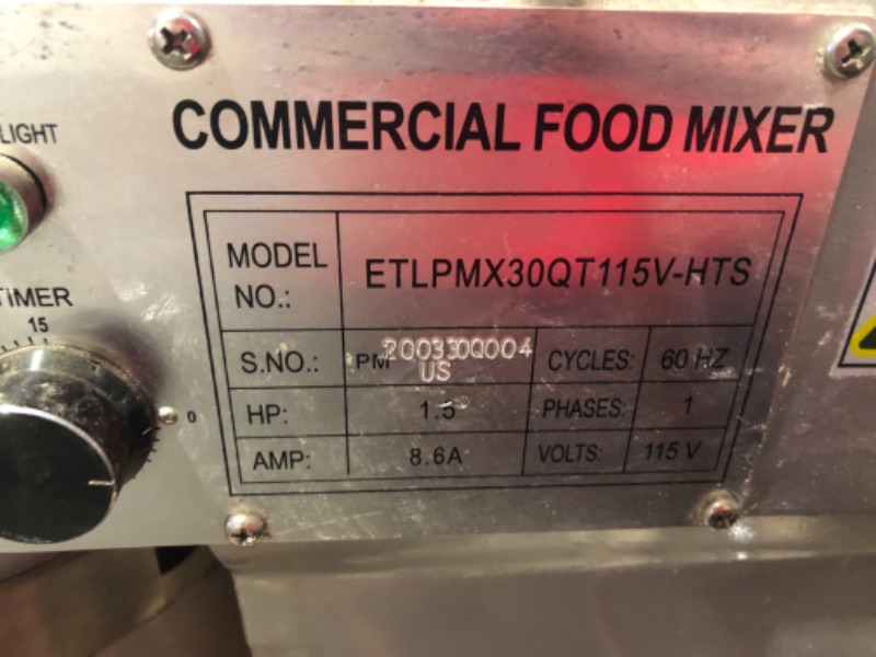 Photo 5 of ***HEAVILY USED - DOESN'T POWER ON - UNABLE TO TROUBLESHOOT - TRUCK/TRAILER PICKUP ONLY - SEE PICTURES***
ETLPMX30QT115V-HTS Commercial Grade Food Mixer, Silver Color, Very Large