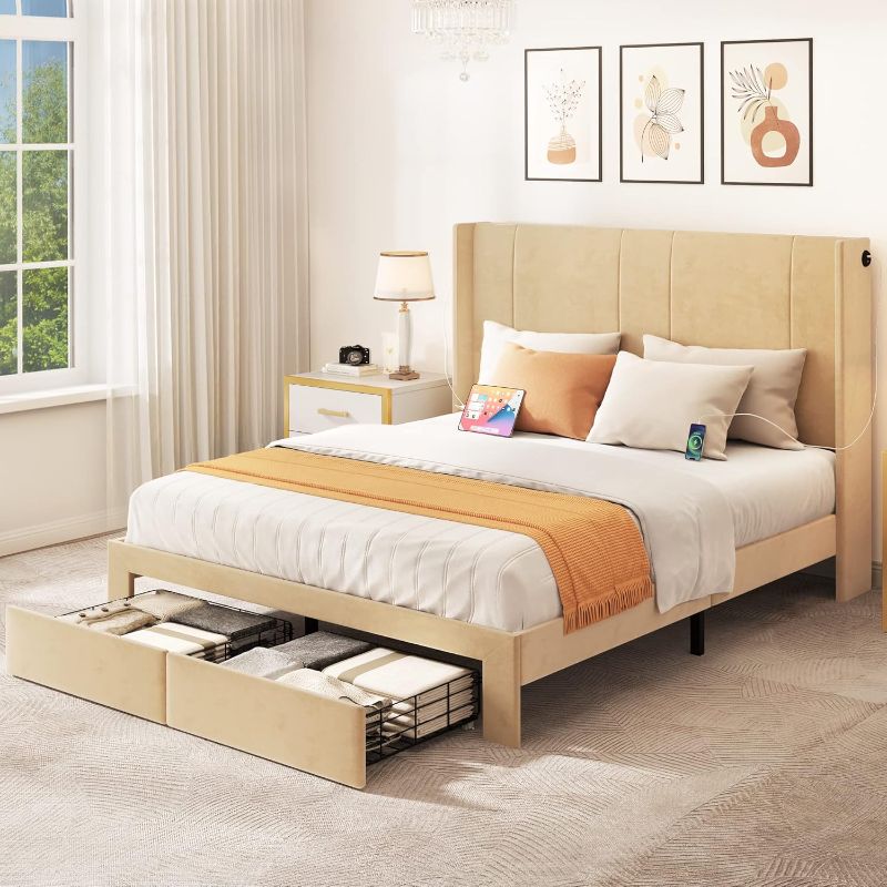 Photo 1 of ***STOCK PHOTO REFERENCE ONLY*** SOME DAMAGED TO THE WOOD COLOR IS A LITTLE DARKER SEE PICS**
YITAHOME Platform Bed Frame with Storage Drawers, Upholstered Bed Frame with Headboard Built-in 2 USB Charging Stations and Strong Wood Slats Support, No Box Spr