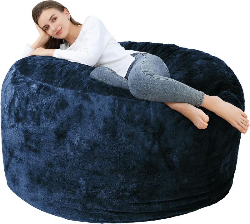 Photo 1 of (READ FULL POST) Bean Bag Chair COVER (No Filler), Adult Beanbag Chair Outside Cover Big Round Soft Fluffy Faux Fur Beanbag Lazy Sofa Bed Cover (Navy,4FT)