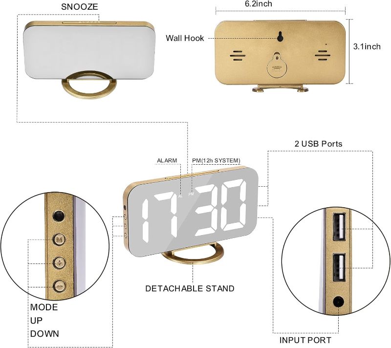 Photo 3 of (READ FULL POST) SZELAM Digital Alarm Clock,LED and Mirror Desk Clock Large Display,with Dual USB Charger Ports,3 Levels Brightness,12/24H,Modern Electronic Clock for Bedroom Home Living Room Office - Gold