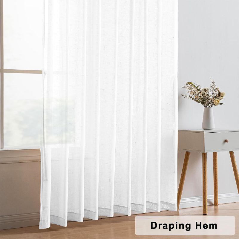 Photo 4 of (READ FULL POST) Hiasan White Faux Linen Pinch Pleated Curtain Light Filterting Window Curtains with Hooks Semi Sheer Curtains Drapes for Living Room with Tieback 2 Panels 52" W x 63" L