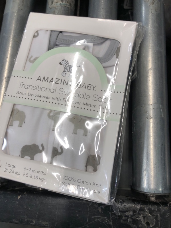 Photo 2 of ***FACTORY SEALED***Amazing Baby Transitional Swaddle Sack with Arms Up Half-Length Sleeves and Mitten Cuffs, Large, 6-9 Months, 21-24 lbs, Tiny Elephants, Sterling (Arms Up Swaddle, Transition Swaddle Sleep Sack)