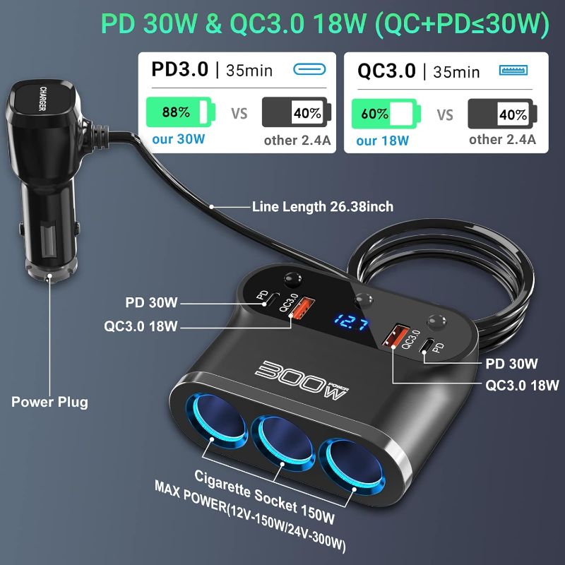 Photo 1 of (READ FULL POST) 7 in 1 Cigarette Lighter Adapter: Ouffun 300W 3 Socket Car Charger Extensions 12V Splitter with Dual PD USB C 30W and QC3.0 18W 12V USB Outlet Ports, 12 Volt Car Plug with LED Voltage Separate Switch