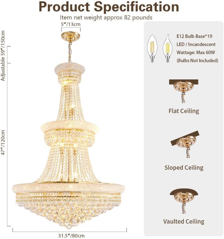 Photo 4 of (READ FULL POST) TMAFON Large Gold Crystal Chandelier Light - Diameter 31.5", 3 Layers Ceiling Haning Chandeliers, Pendant Lighting for Living Room, Dining Room, Foyer